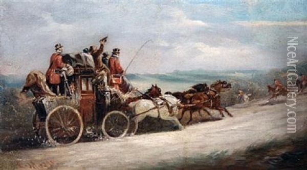 A Coach And Four With A Hunt Passing Before Them Oil Painting - John Charles Maggs