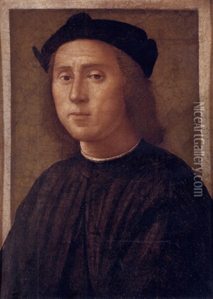 Portrait Of A Man In A Black Coat And Black Cap Oil Painting - Pietro Perugino