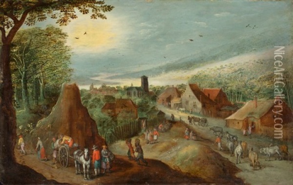 Landscape With View Of A Village Oil Painting - Joos de Momper the Younger