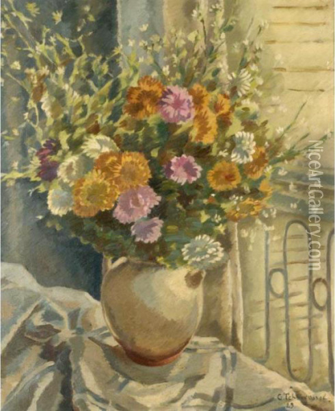Vase Of Flowers By A Balcony Oil Painting - Georges Tcherkessof