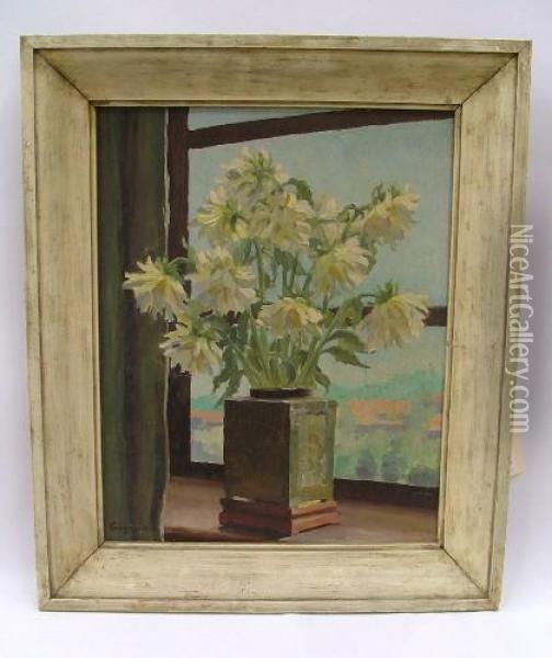 Large White And Yellow Dahlias In Oriental Style Vase Oil Painting - Marie-Regis-Francois Gignoux