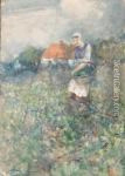 A Woman In A Vegetable Garden Oil Painting - Victor Noble Rainbird