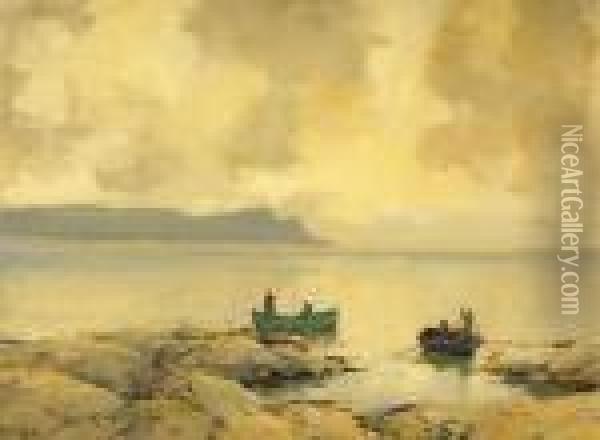 Herring Boats Off A Rocky Shore Oil Painting - James Humbert Craig