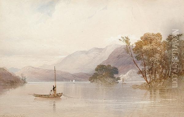 Fishing Off A Boat In The Lake District Oil Painting - Thomas Miles Richardson