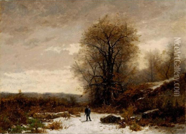 Paysage D'hiver Avec Chasseur 
Winter Landscape With Hunter Oil Painting - Gustave Castan