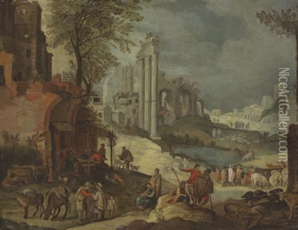 Figures Resting By An Inn, A Capriccio Of Roman Ruins Including The Temple Of Castor And Pollux Beyond Oil Painting - Paul Bril