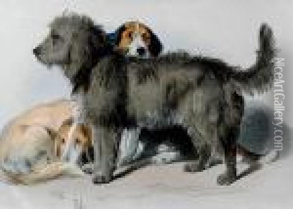 Pair Of Works The Three Dogs Sleeping Bloodhound Oil Painting - Landseer, Sir Edwin