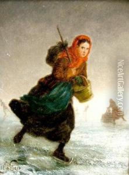 Woman Skating On A Frozen River Oil Painting - Henri van Seben