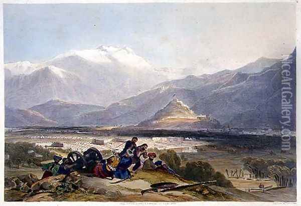 Bala Hissar and City of Kabul with the British Cantonments from the Ba Maroo Hill, Hostilities Commencing, plate 16 from 'Scenery, Inhabitants and Costumes of Afghanistan, engraved by R. Carrick c.1829-1904, 1848 Oil Painting - James Rattray