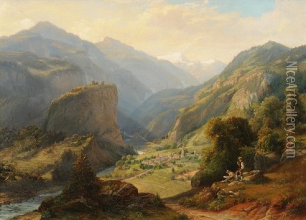 Ansicht Von Thusis Eingebettet In Die Berglandschaft, Im Vordergrund Ein Maler Oil Painting - Carl Friedrich Seiffert