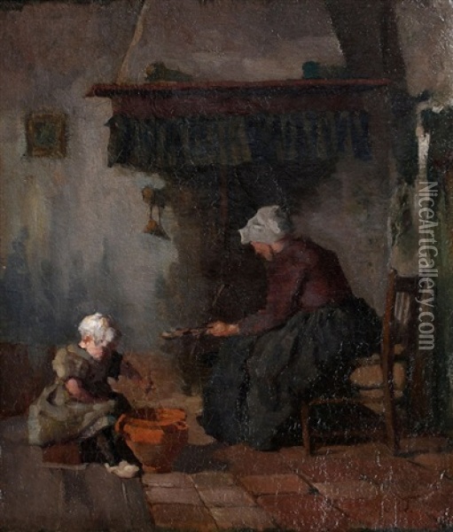 Larens Boereninterieur Met Vrouw En Kind Oil Painting - Lammert Van Der Tonge