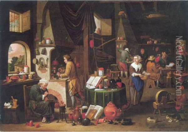Interior With An Alchemist And His Assistants At Work Oil Painting - Victor Mahu