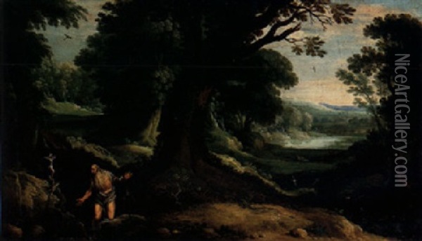 A Wooded Landscape With A Hermit Saint Kneeling Before A Crucifix Oil Painting - Paul Bril