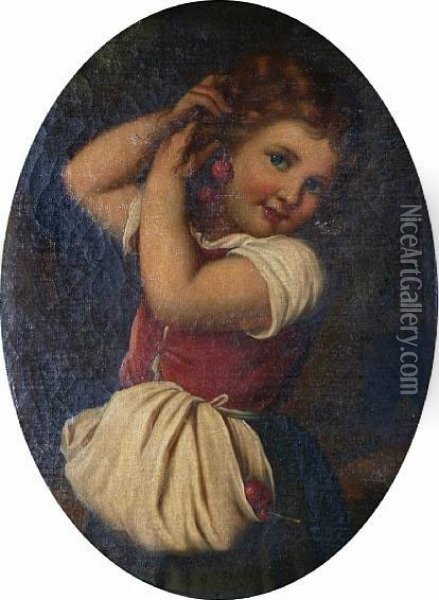 Portrait Of A Young Girl With Cherries,oval Oil Painting - Jean Baptiste Greuze