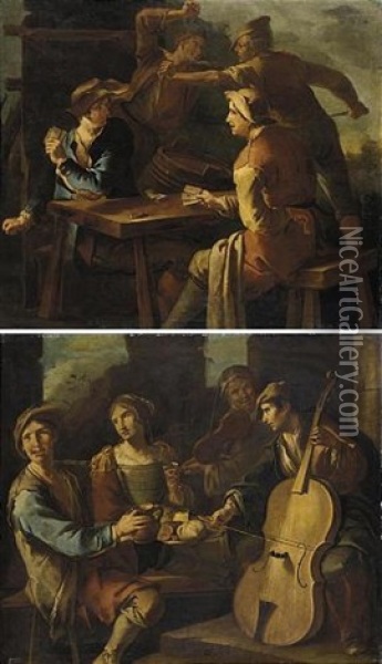 Giocatori Di Carte (+ Scena Di Genere Con Musicisti; Pair) Oil Painting - Giacomo Francesco Cipper