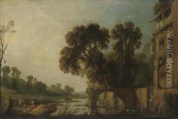 An Italianate River Landscape With A Herdsman And Cattlewatering Oil Painting - Filippo D Angeli