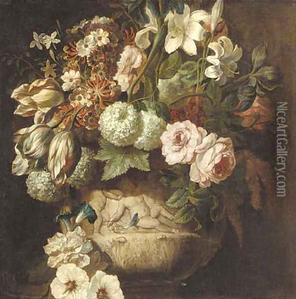 Roses, tulips, daffodils, chrysanthemums, morning glory, narcissi and other flowers in an urn decorated with putti - a fragment Oil Painting - Rachel Ruysch