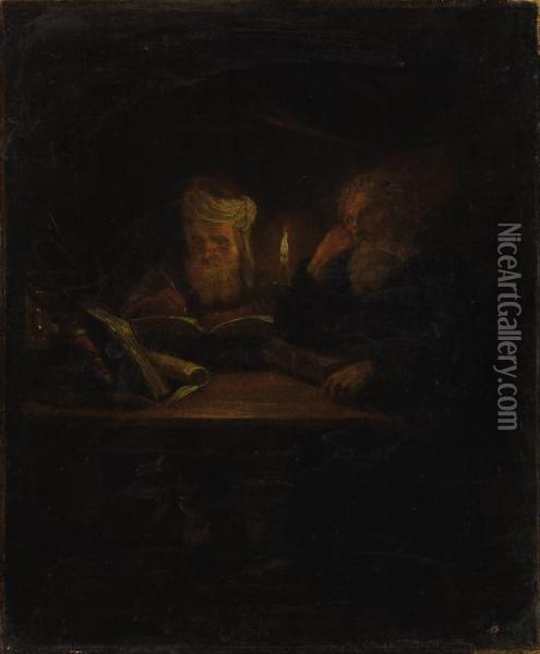 Two Scholars By Candlelight Oil Painting - Godfried Schalcken