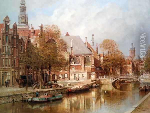 The Oude Kerk and St. Nicolaaskerk, Amsterdam Oil Painting - Johannes Christiaan Karel Klinkenberg