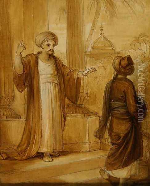 Two male figures standing, illustration from an Eastern Romance, possibly The Arabian Nights Oil Painting - Robert Smirke