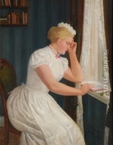 Reading Young Woman At A Window Oil Painting - Carl Ludwig Jessen
