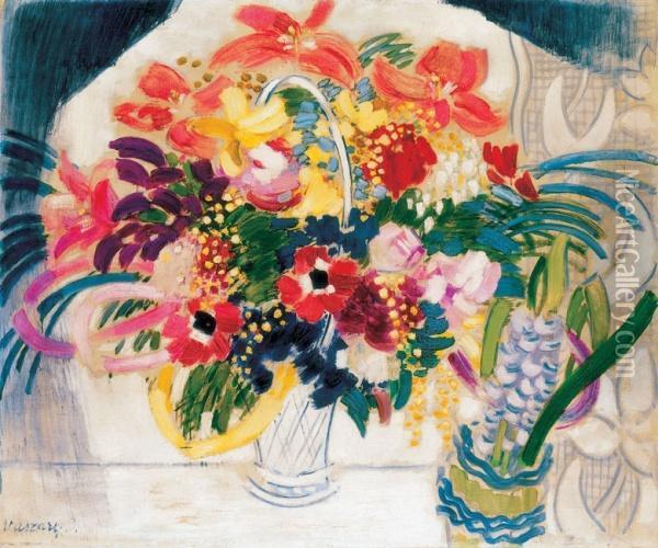 Still Life Of Flowers In The Window (great Still Life Of Flowers), About 1930 Oil Painting - Janos Vaszary