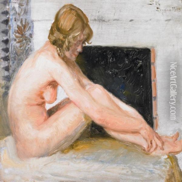Young Naked Woman By The Fireplace Oil Painting - Peder Severin Kroyer