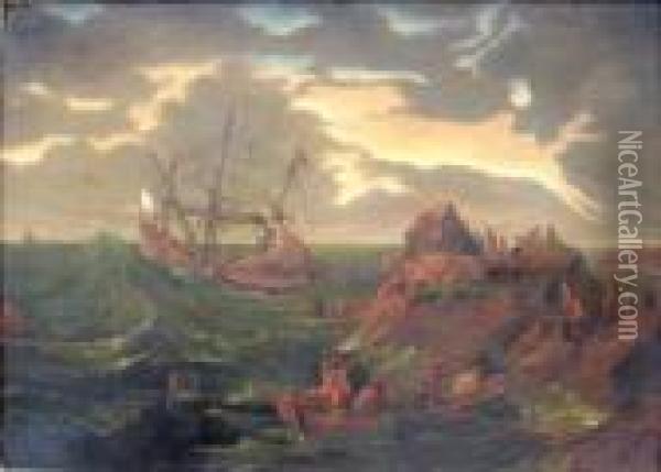 Dutch Coastal Scene Figures, Skiff And Striken Vessel Oil Painting - Jan Porcellis