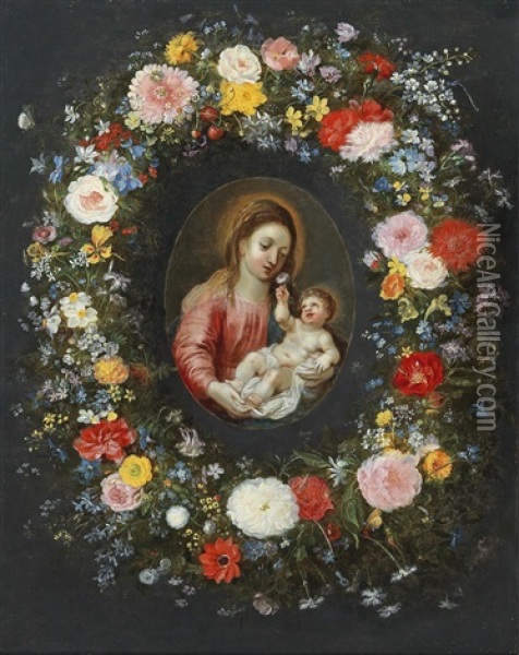 A Flower Garland Surrounding The Virgin And Child Oil Painting - Hendrik van Balen the Elder