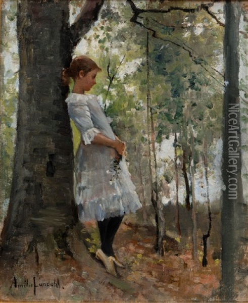 A Girl In The Lush Forest Oil Painting - Amelie Lundahl