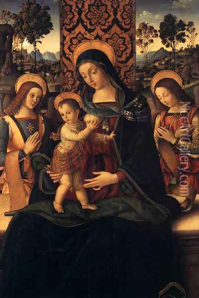 The Virgin and Child with Two Angels 1475-80 Oil Painting - Bernardino di Betto (Pinturicchio)
