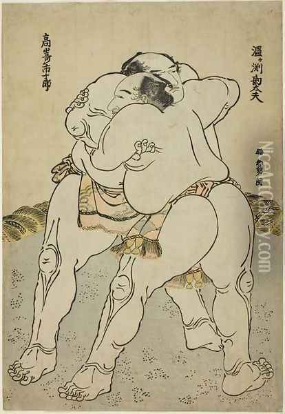 The Sumo wrestlers Uzugafuchi Kandayu and Takasaki Oil Painting - Katsushika Hokusai