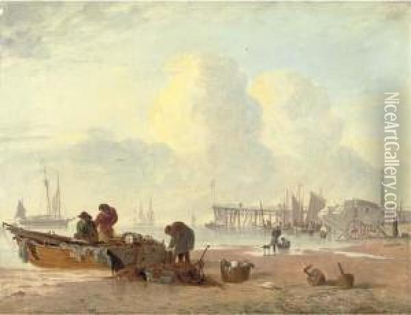 A Coastal Scene With Fisherfolk In The Foreground Oil Painting - Alfred Stannard