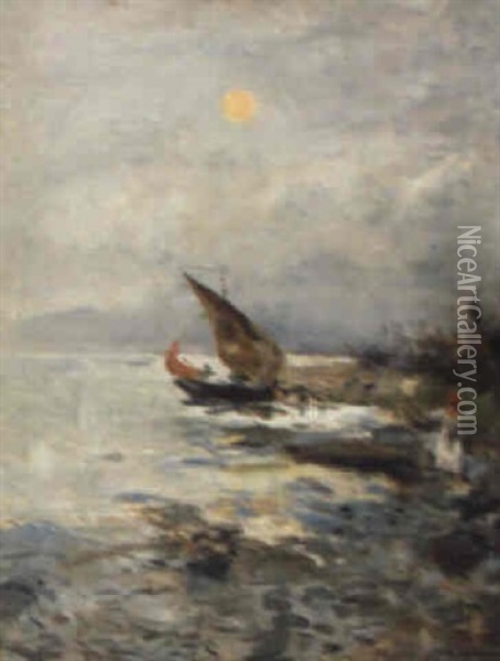 Figures On A Coastal Path In Bordighera Oil Painting - Pompeo Mariani