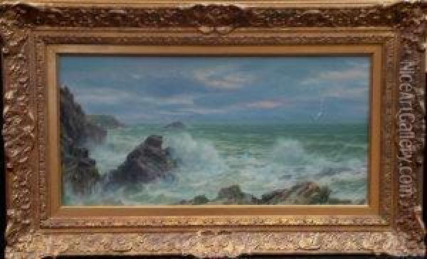 Cornish Coastal Scene With Crashing Waves Oil Painting - William Prater