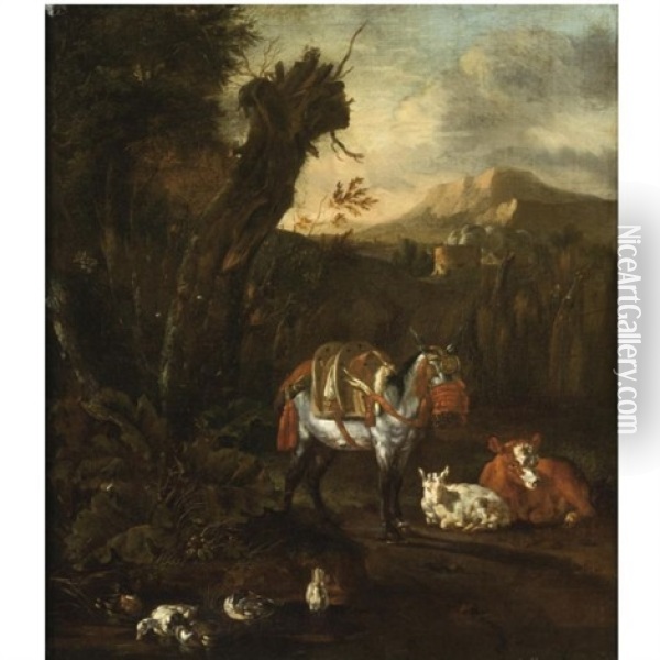An Italianate Wooded Landscape With A Harnessed Donkey, A Cow, A Sheep And Ducks Near A Pond In The Foreground Oil Painting - Willem Romeyn