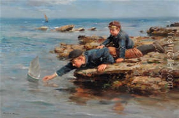 Boys With Model Boat On A Rocky Shore Oil Painting - William Marshall Brown