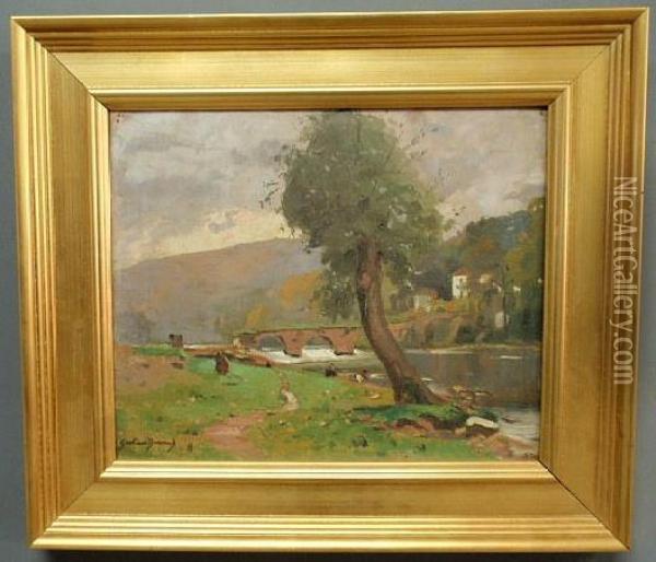 French Landscape Painting Of A Bridge Over A Stream Signed Oil Painting - Gustave Durand