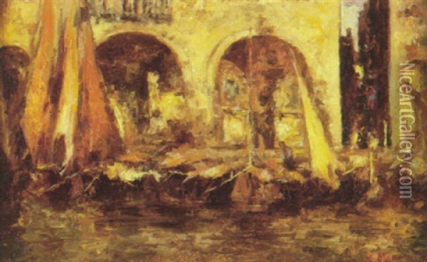 Barcas En El Canal Oil Painting - Leonardo Bazzaro