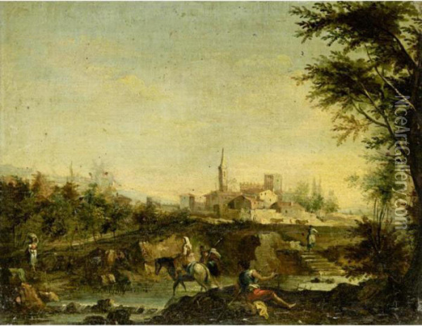 Italianate Landscape With Figures Beside A River, A Town Beyond Oil Painting - Giuseppe Zais