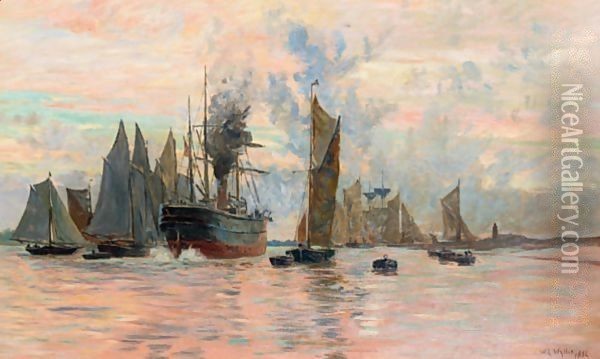 A Steam Ship And Other Shipping Leaving Harbour Oil Painting - William Lionel Wyllie