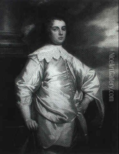 Portrait Of A Gentleman Standing Three-quarter Length,      Wearing A White Satin Coat, And White Lace Ruff Before A Oil Painting - Thomas Bardwell