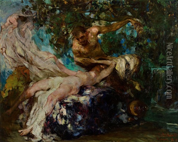 Mythologische Szene Mit Satyr Und Nymphe Oil Painting - Giuseppe Rivaroli