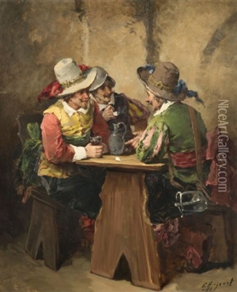 Trois Mousquetaires Attables Et Mousquetaire Seduisant Une Jeune Femme Avec Un Joueur De Fifre (pair) Oil Painting - George Appert