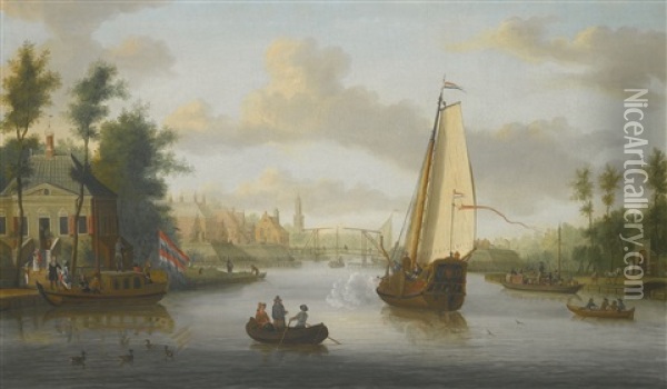 A View Of Nieuwersluis On The River Vecht, With The Church Of Loenen Aan De Vecht In The Distance Oil Painting - Jacobus Storck