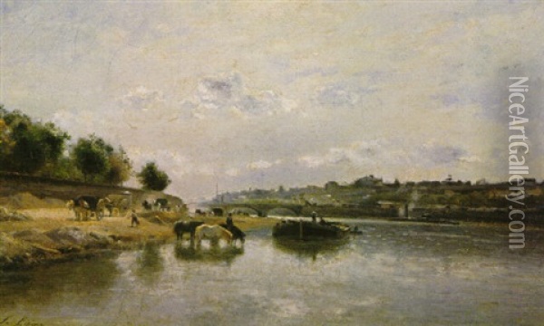 La Seine Pres Du Pont D'iena (the Seine By The Jena Bridge) Oil Painting - Stanislas Lepine