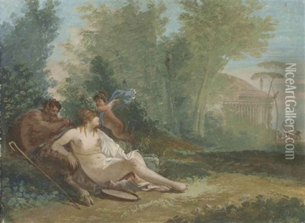 Paysage Avec Un Cupidon Couronnant Une Bacchante Assise, Un Satyre Derriere Elle Oil Painting - Giuseppe Bernardino Bison