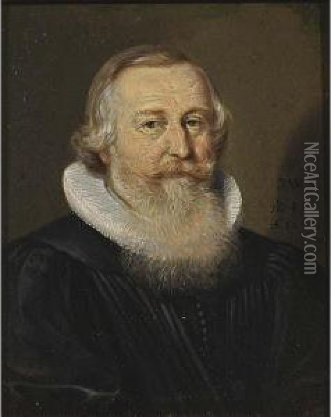 A Portrait Of An Elderly Bearded Gentleman, Aged 46, Bust Length, Wearing A Black Coat With A White Lace Collar Oil Painting - Conrad Meyer