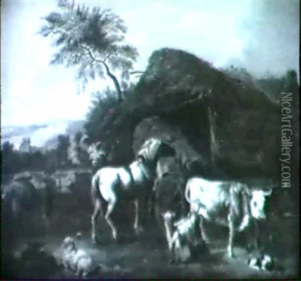 Bauer Mit Vieh Vor Einer Scheune Oil Painting - Dirk van Bergen
