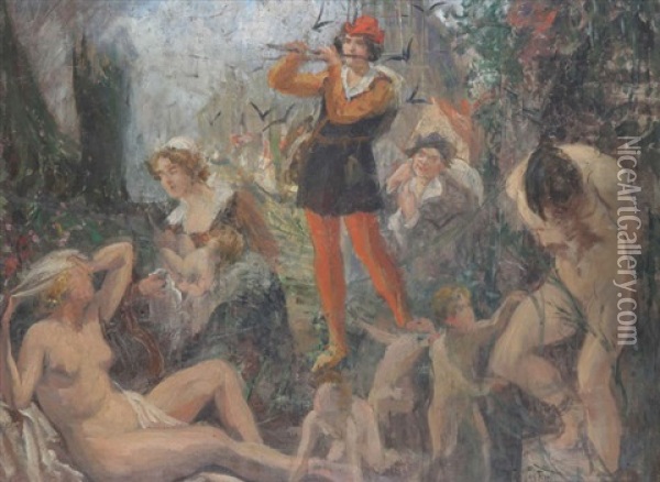 Troubadour Jouant De La Flute Devant Une Mere A L'enfant Et Des Nus Oil Painting - Willy Van Riet